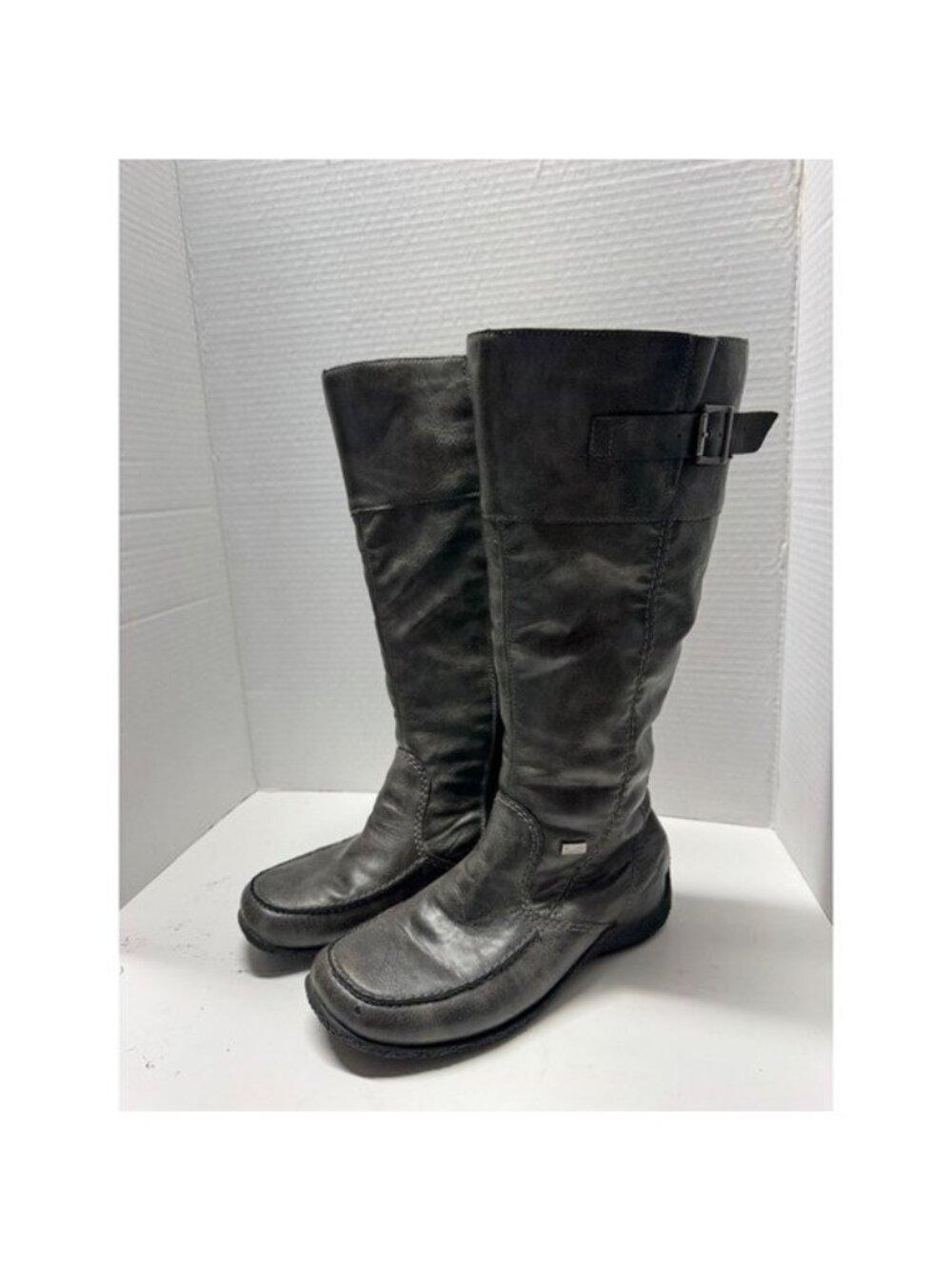 Rieker Antistress Grey Leather Wool Lined Tall Boots Size 37 6.5 Buckle Detail